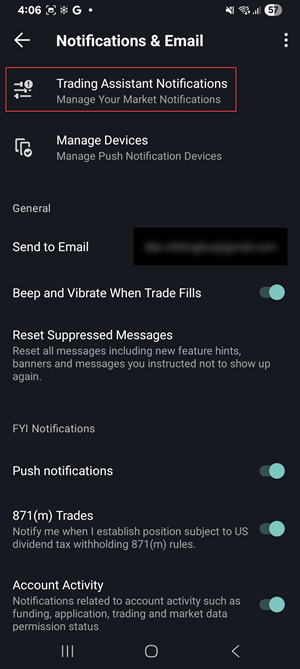 The trading assistant setting on the android phone. 